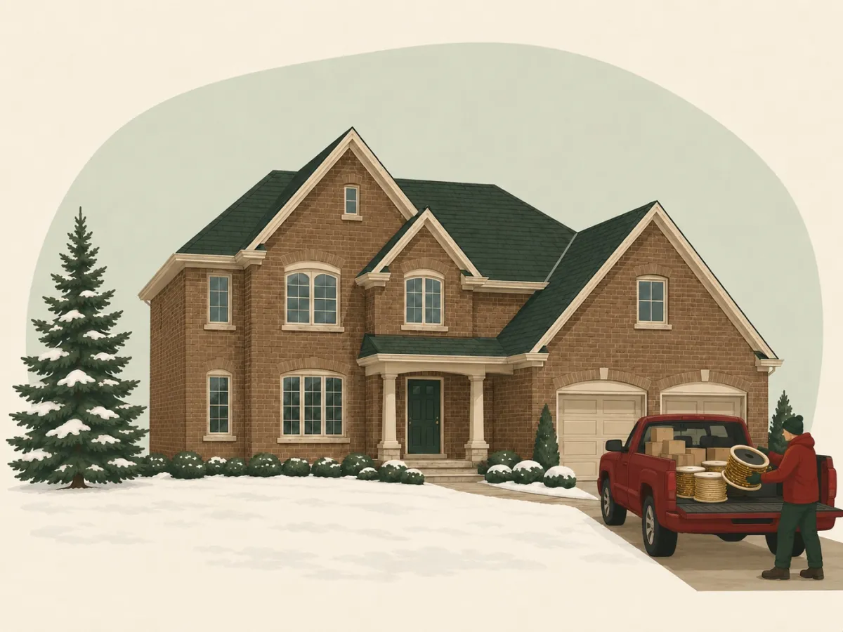 Twinkle Bros truck delivering commercial-grade lights, clips and supplies to a home