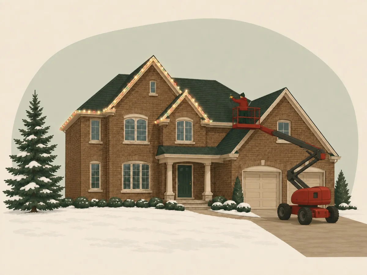 Insured Twinkle Bros crew installing roofline Christmas lights from a boom lift