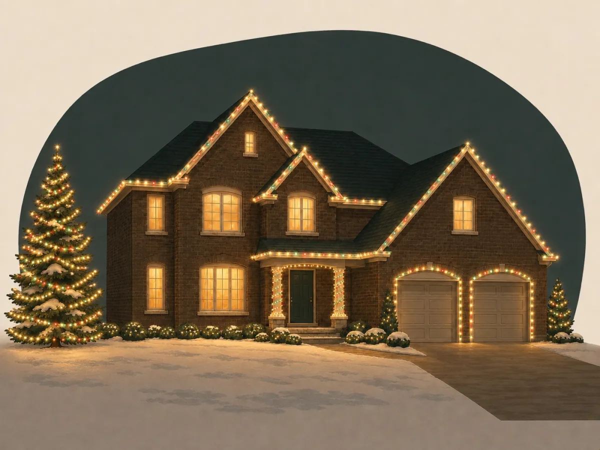 Chicago suburbs home fully lit with warm white and multicolor Christmas lights at night