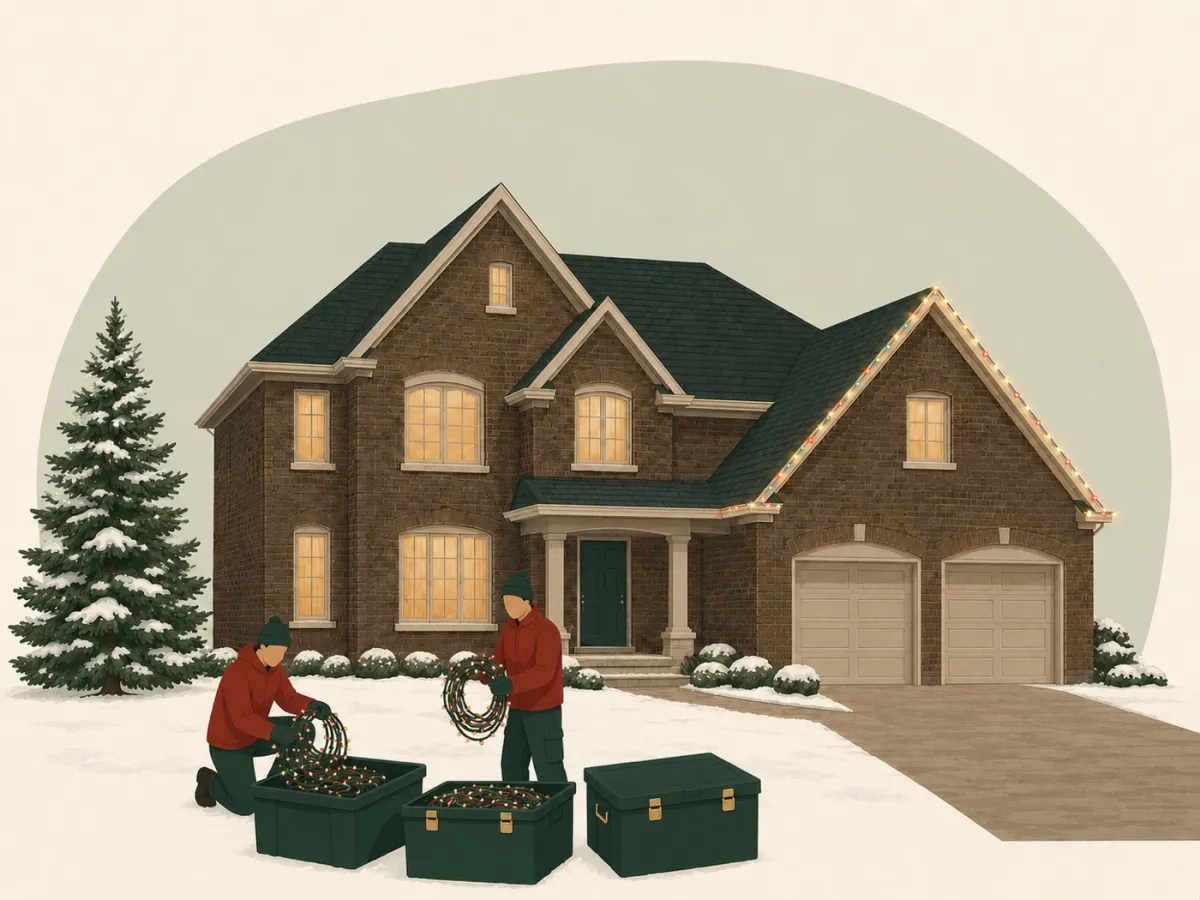 Twinkle Bros crew coiling holiday light strands into storage bins after takedown